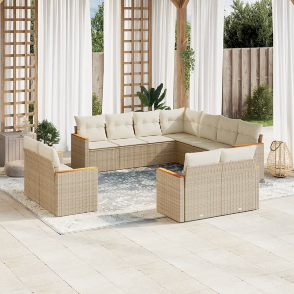11 pcs conjunto sofás de jardim c/ almofadões vime PE bege D