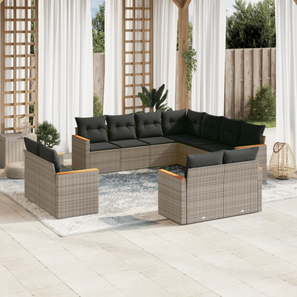 11 pcs conjunto sofás de jardim c/ almofadões vime PE cinzento D