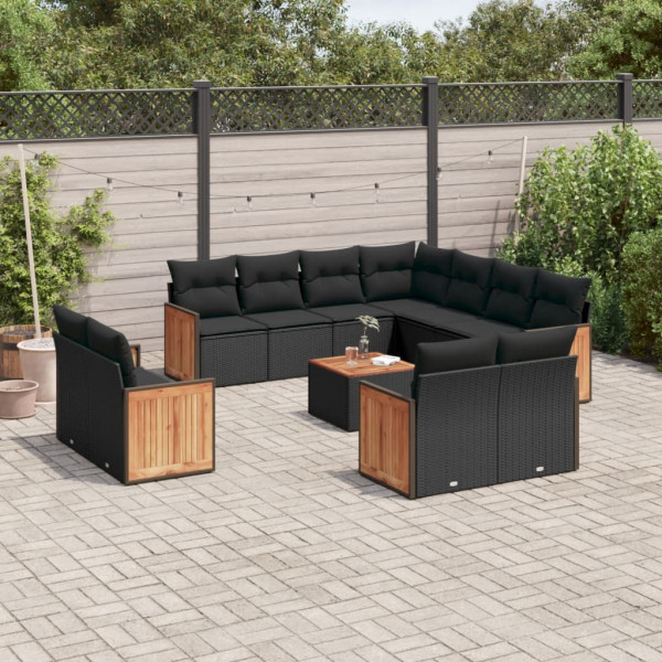 12 pcs conjunto de sofás de jardim c/ almofadões vime PE preto D