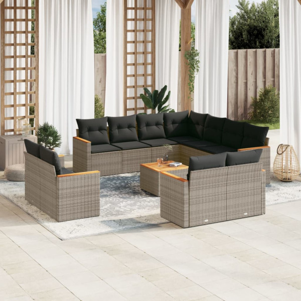 12 pcs conjunto de sofás jardim c/ almofadões vime PE cinzento D