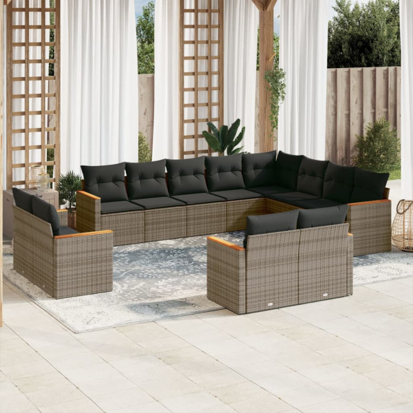 12 pcs conjunto de sofás jardim c/ almofadões vime PE cinzento D