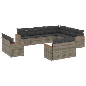 12 pcs conjunto de sofás jardim c/ almofadões vime PE cinzento H