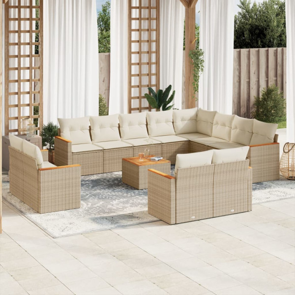 13 pcs conjunto de sofás p/ jardim com almofadões vime PE bege D