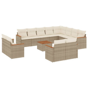 13 pcs conjunto de sofás p/ jardim com almofadões vime PE bege H