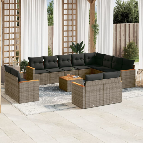13 pcs conjunto sofás p/ jardim c/ almofadões vime PE cinzento D