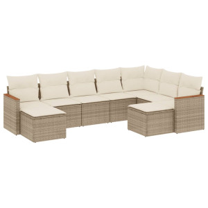 9 pcs conjunto de sofás p/ jardim com almofadões vime PE bege H