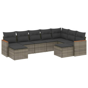 Set de muebles de jardín 9 pzas y cojines ratán sintético gris H