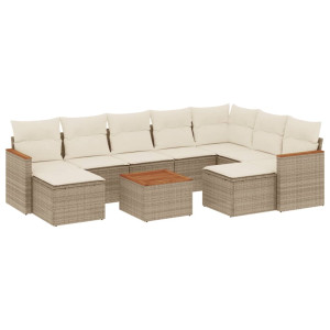 10 pcs conjunto de sofás p/ jardim com almofadões vime PE bege H