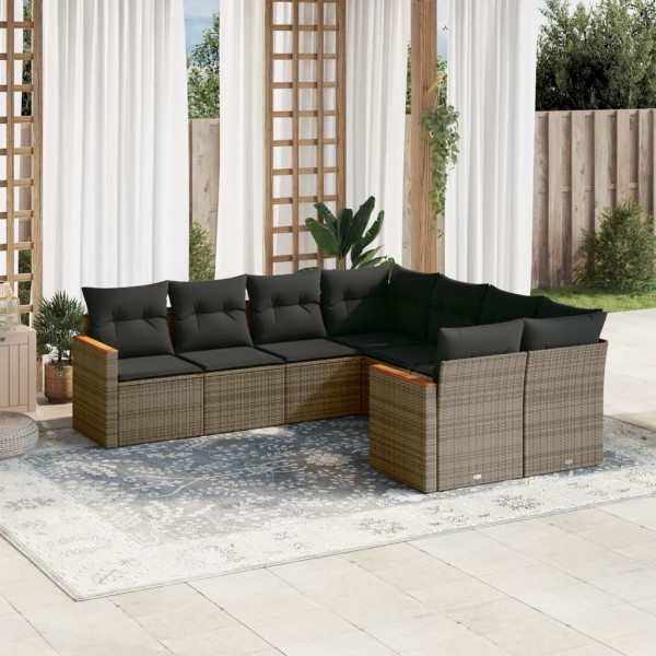 8 pcs conjunto sofás de jardim c/ almofadões vime PE cinzento D