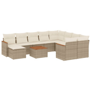 11 pcs conjunto sofás de jardim c/ almofadões vime PE bege H