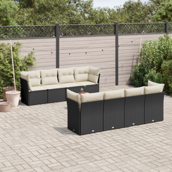 9 pcs conjunto de sofás p/ jardim c/ almofadões vime PE preto D