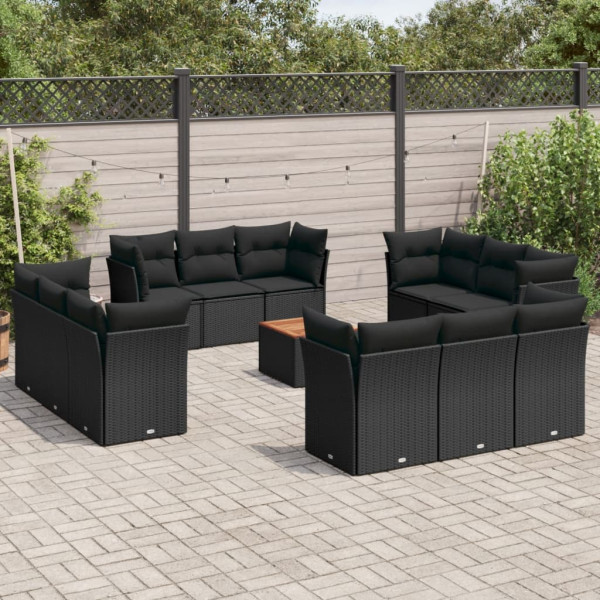 Set de sofás de jardín y cojines 13 pzas ratán sintético negro D