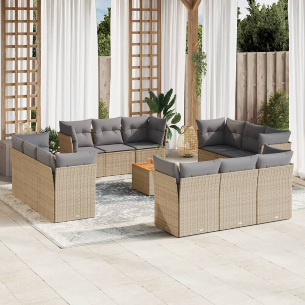 13 pcs conj. sofás jardim c/ almofadões vime PE bege misturado D