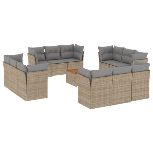 13 pcs conj. sofás jardim c/ almofadões vime PE bege misturado H