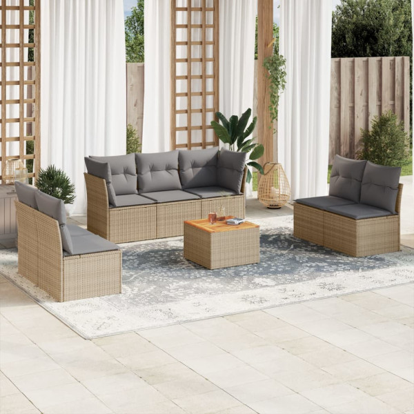 8 pcs conj. sofás jardim c/ almofadões vime PE bege misturado D