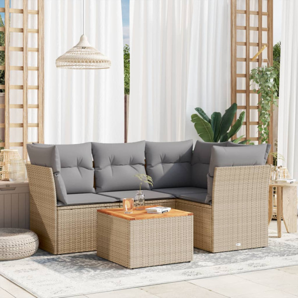 5 pcs conj. sofás jardim c/ almofadões vime PE bege misturado D