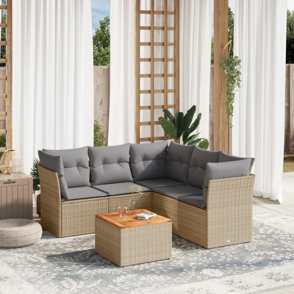 6 pcs conj. sofás jardim c/ almofadões vime PE bege misturado D