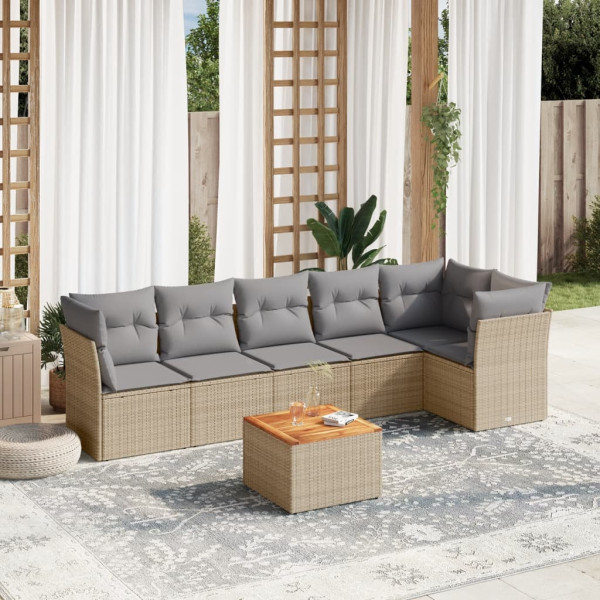 7 pcs conj. sofás jardim c/ almofadões vime PE bege misturado D