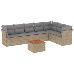 8 pcs conj. sofás jardim c/ almofadões vime PE bege misturado H