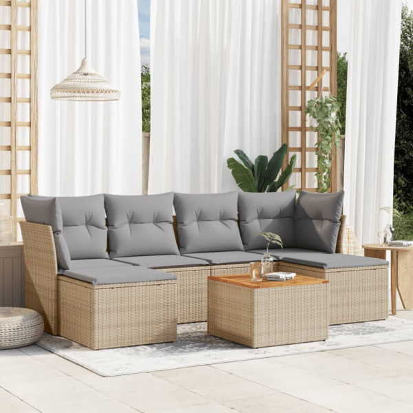 7 pcs conj. sofás jardim c/ almofadões vime PE bege misturado D