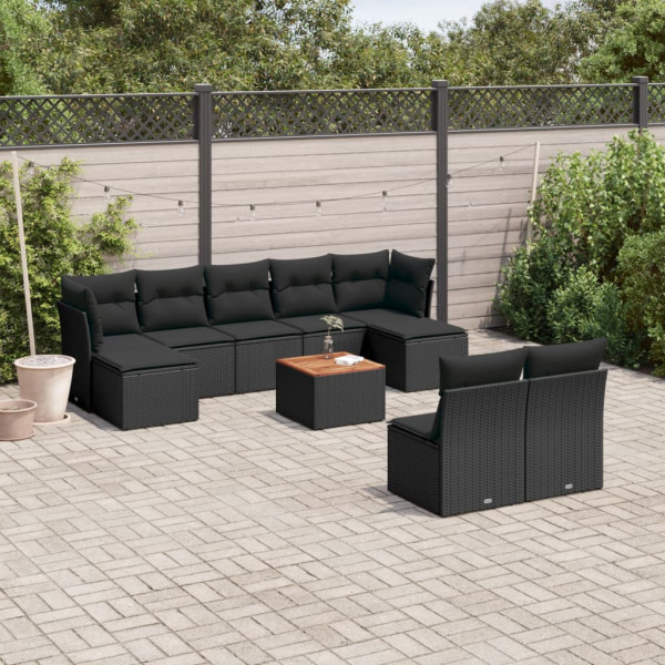 10 pcs conjunto sofás de jardim c/ almofadões vime PE preto D