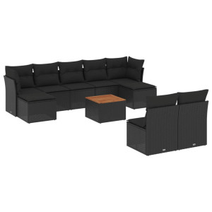10 pcs conjunto sofás de jardim c/ almofadões vime PE preto H