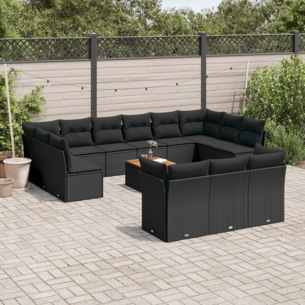 14 pcs conjunto de sofás p/ jardim c/ almofadões vime PE preto D