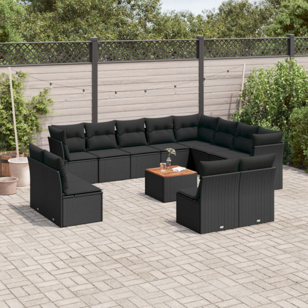 Set de sofás de jardín y cojines 13 pzas ratán sintético negro D