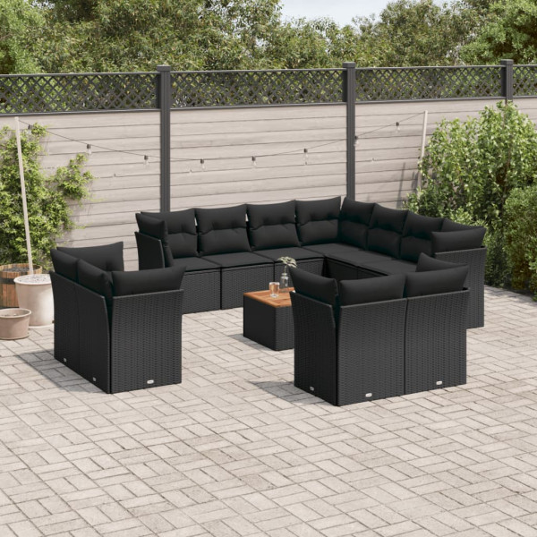 Set de sofás de jardín 12 piezas cojines ratán sintético negro D