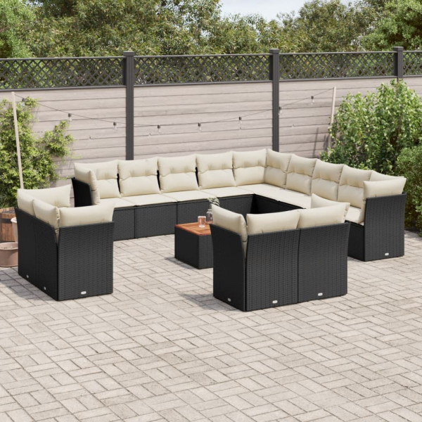 Set sofás de jardín 14 pzas con cojines ratán sintético negro D