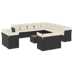 14 pcs conjunto de sofás p/ jardim c/ almofadões vime PE preto H