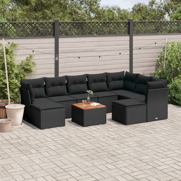 10 pcs conjunto sofás de jardim c/ almofadões vime PE preto D