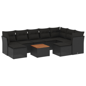 10 pcs conjunto sofás de jardim c/ almofadões vime PE preto H