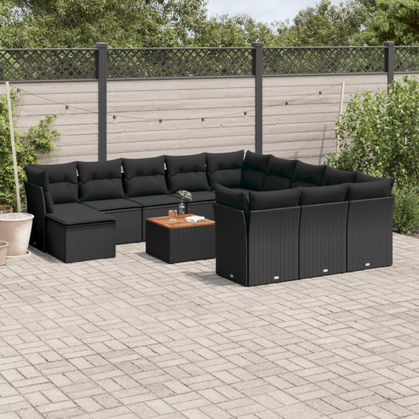 Set de sofás de jardín y cojines 13 pzas ratán sintético negro D