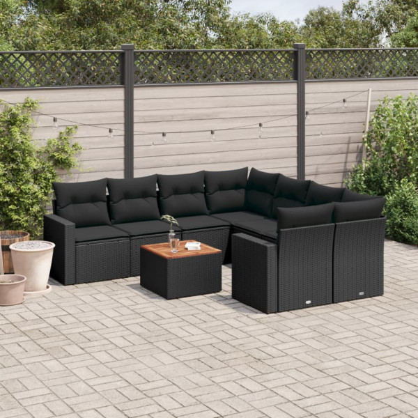 9 pcs conjunto de sofás p/ jardim c/ almofadões vime PE preto D