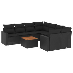 9 pcs conjunto de sofás p/ jardim c/ almofadões vime PE preto H