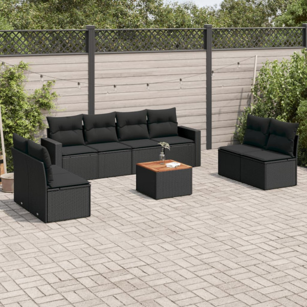 9 pcs conjunto de sofás p/ jardim c/ almofadões vime PE preto D