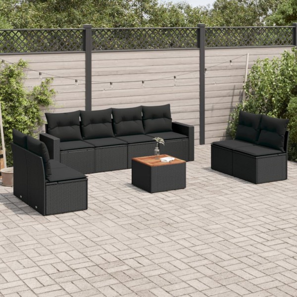 Set de sofás de jardín 8 piezas y cojines ratán sintético negro D