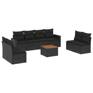 9 pcs conjunto de sofás p/ jardim c/ almofadões vime PE preto H