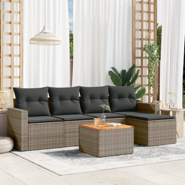 6 pcs conjunto sofás de jardim com almofadões vime cinzento D