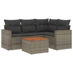 5 pcs conjunto sofás de jardim c/ almofadões vime PE cinzento H