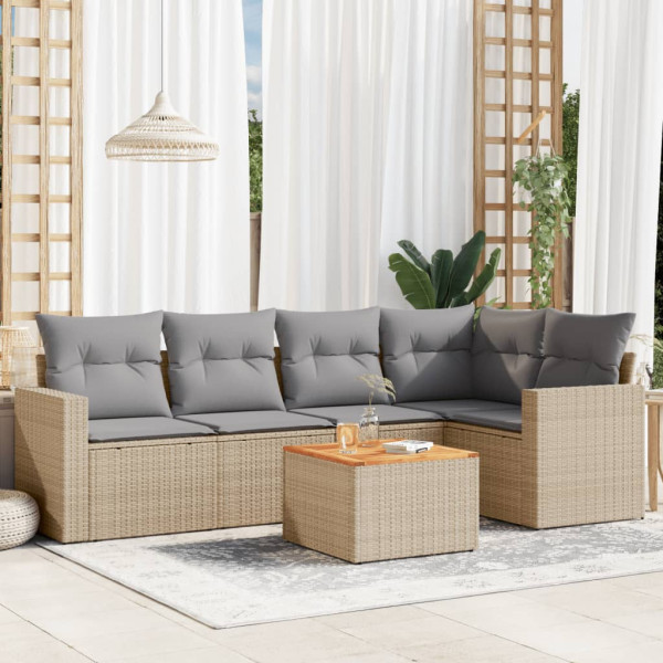 6 pcs conj. sofás jardim c/ almofadões vime PE bege misturado D