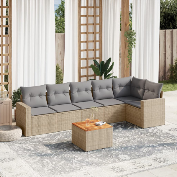 7 pcs conj. sofás jardim c/ almofadões vime PE bege misturado D