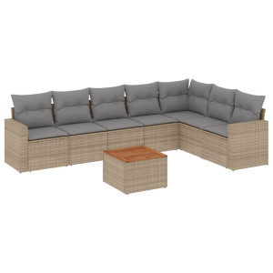 8 pcs conj. sofás jardim c/ almofadões vime PE bege misturado H