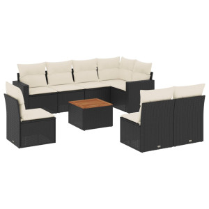 9 pcs conjunto de sofás p/ jardim c/ almofadões vime PE preto H