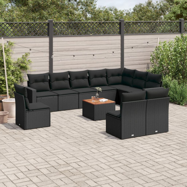 Set de sofás de jardín 11 pzas y cojines ratán sintético negro D