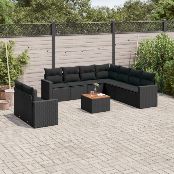 10 pcs conjunto sofás de jardim c/ almofadões vime PE preto D