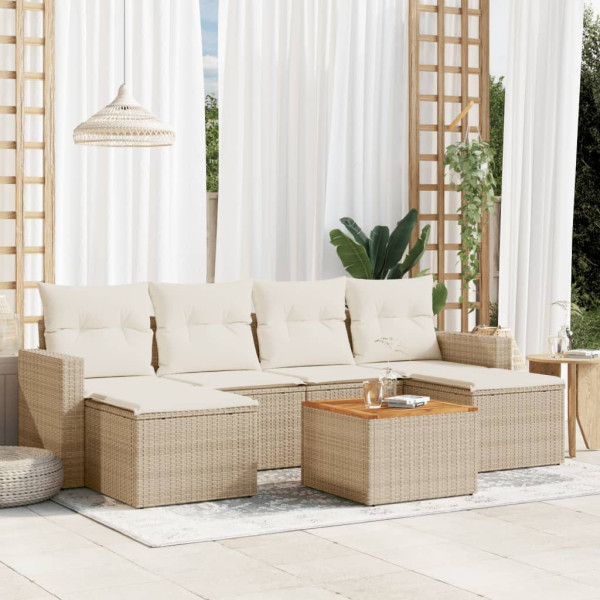 7 pcs conjunto de sofás p/ jardim com almofadões vime PE bege D