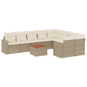 10 pcs conjunto de sofás p/ jardim com almofadões vime PE bege H