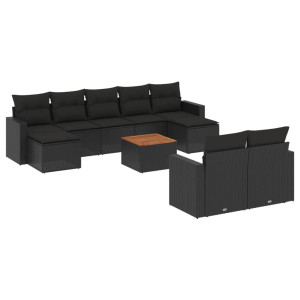 10 pcs conjunto sofás de jardim c/ almofadões vime PE preto H